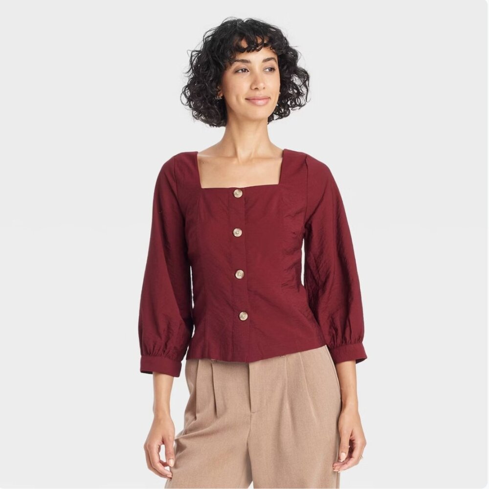 A New Day M Womens Blouse Balloon 3/4 Sleeve Square Neck Burgundy